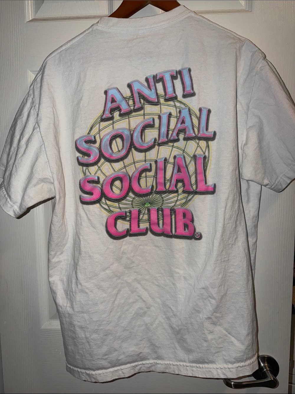 Anti Social Social Club White Tee with Pink & Yellow Globe Graphic